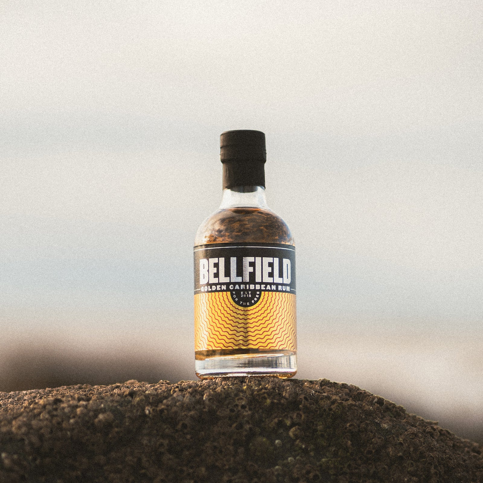 20cl bottle of Golden Caribbean Rum on a rock.