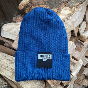 A blue Bellfield beanie hat.