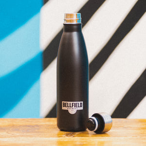 Bellfield branded insulated water bottle.