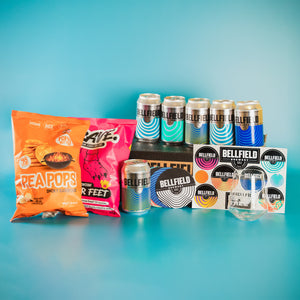 A gift box selection of lagers and pilsners with snacks and merch.
