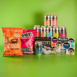 A gift box selection of limited release beers with snacks and merch.