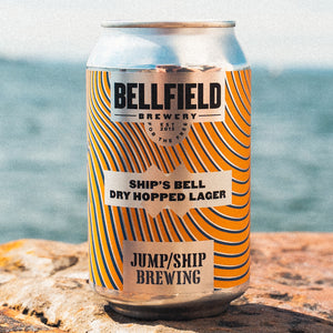 A 330ml can of Ship's Bell Dry Hopped Lager.